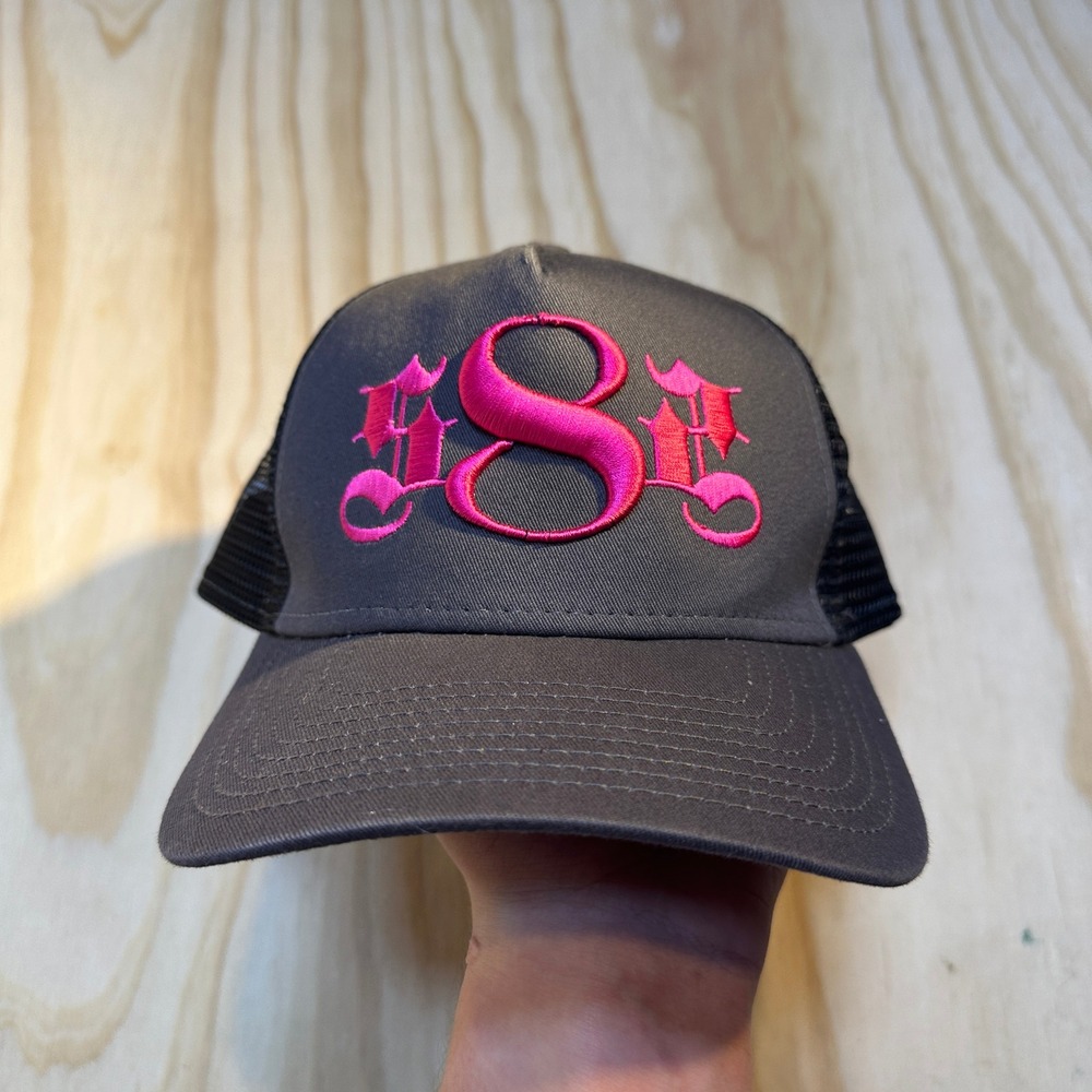 New Era 9FORTY Trucker Hat Gray Black Pink Embroidered 8 Snapback NE205